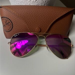 Ray-Ban Gold Frame Aviator Sunglasses with Purple-Pink Mirrored Lenses